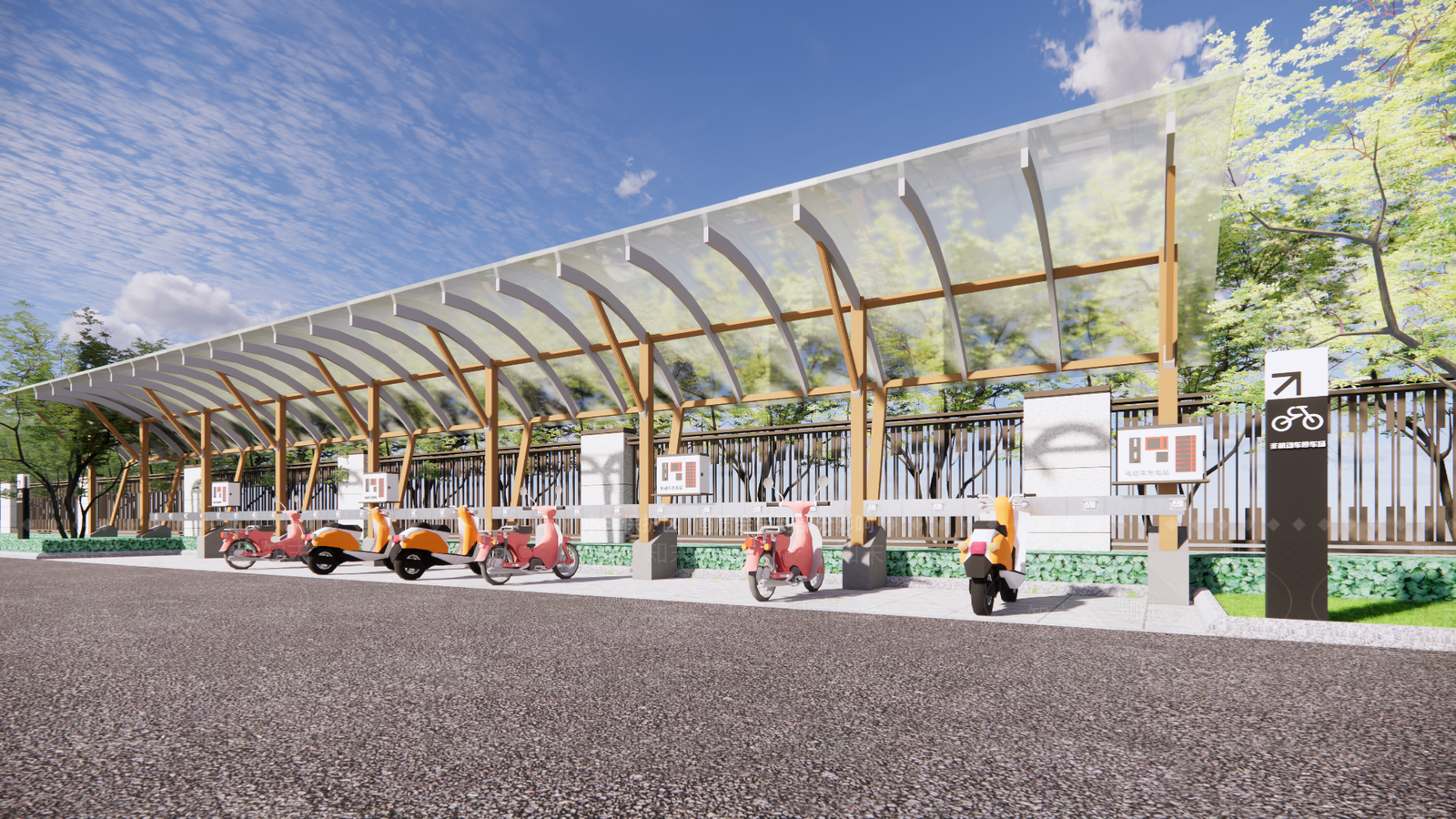 现代电动车自行车停车棚SU模型下载【ID:1108674445】