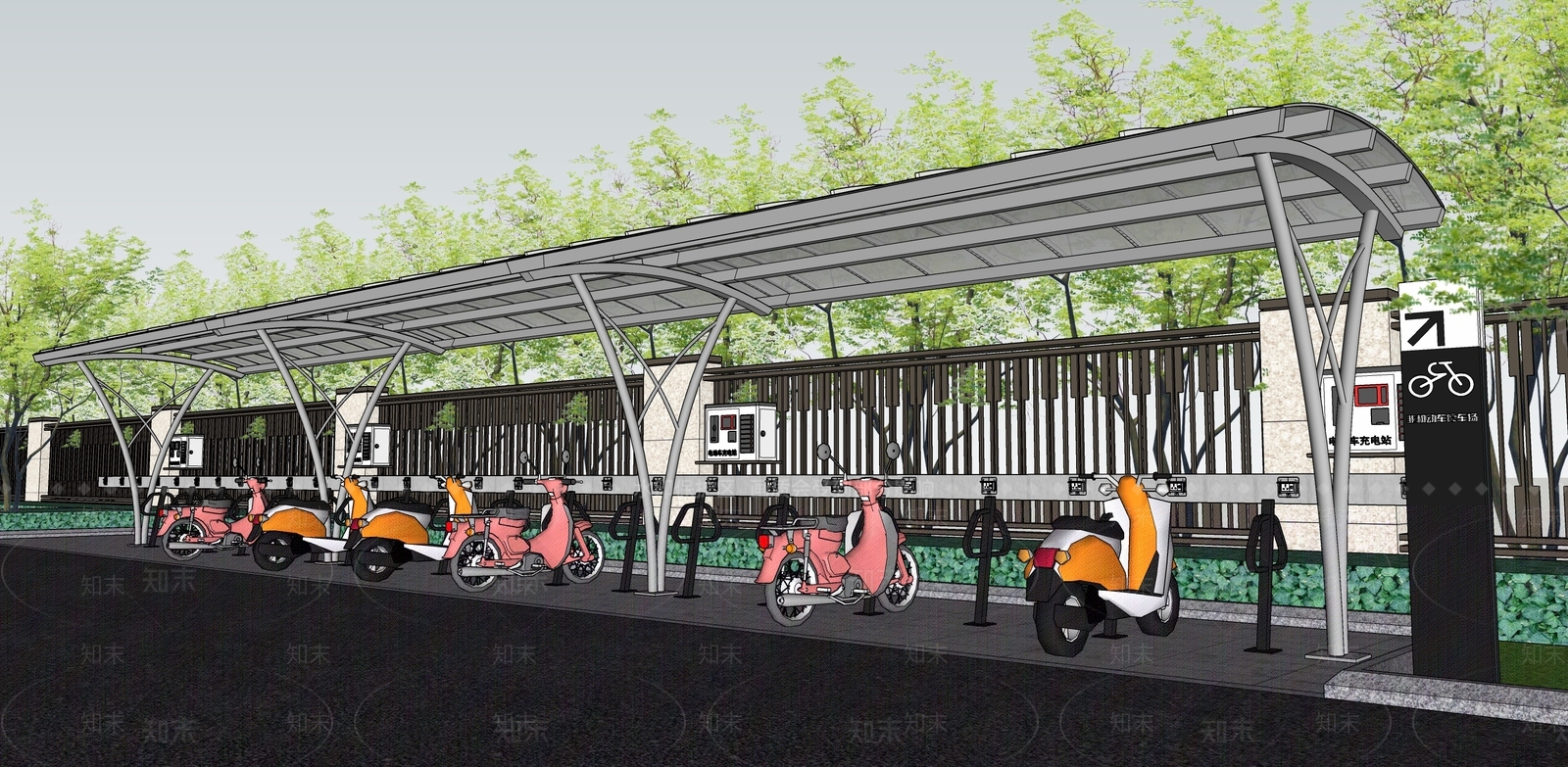 现代电动车自行车停车棚SU模型下载【ID:1108674694】