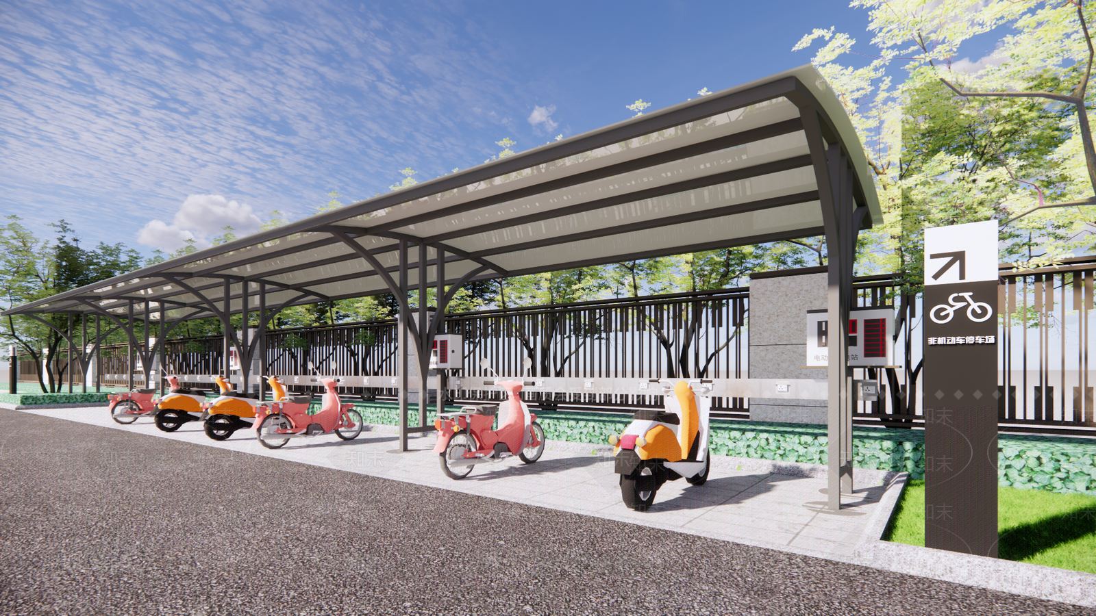 现代电动车自行车停车棚SU模型下载【ID:1108674772】