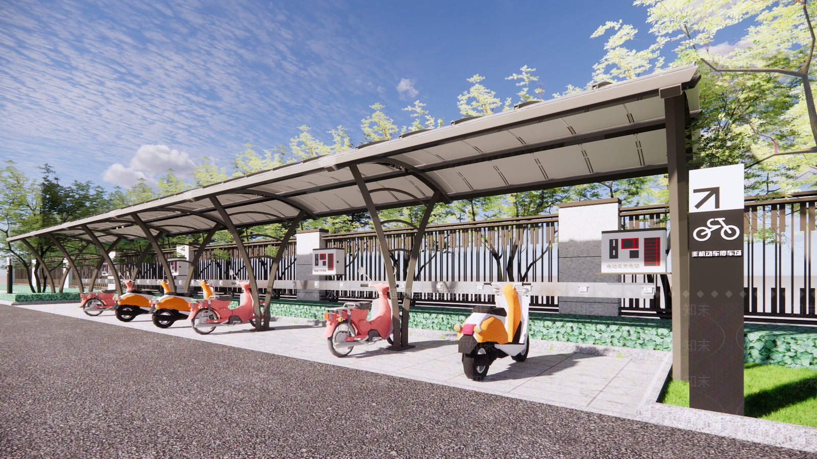 现代电动车自行车停车棚SU模型下载【ID:1108674776】