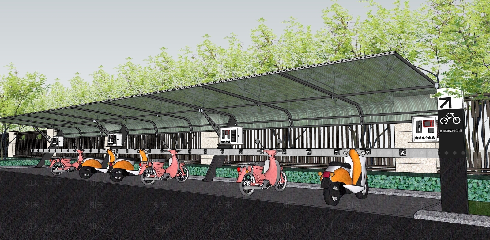 现代电动车自行车停车棚SU模型下载【ID:1108674862】