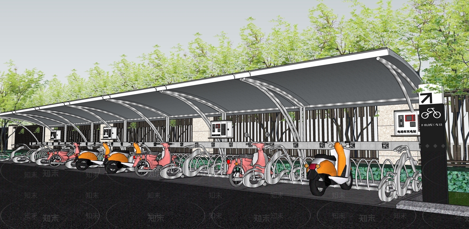 现代电动车自行车停车棚SU模型下载【ID:1108675055】