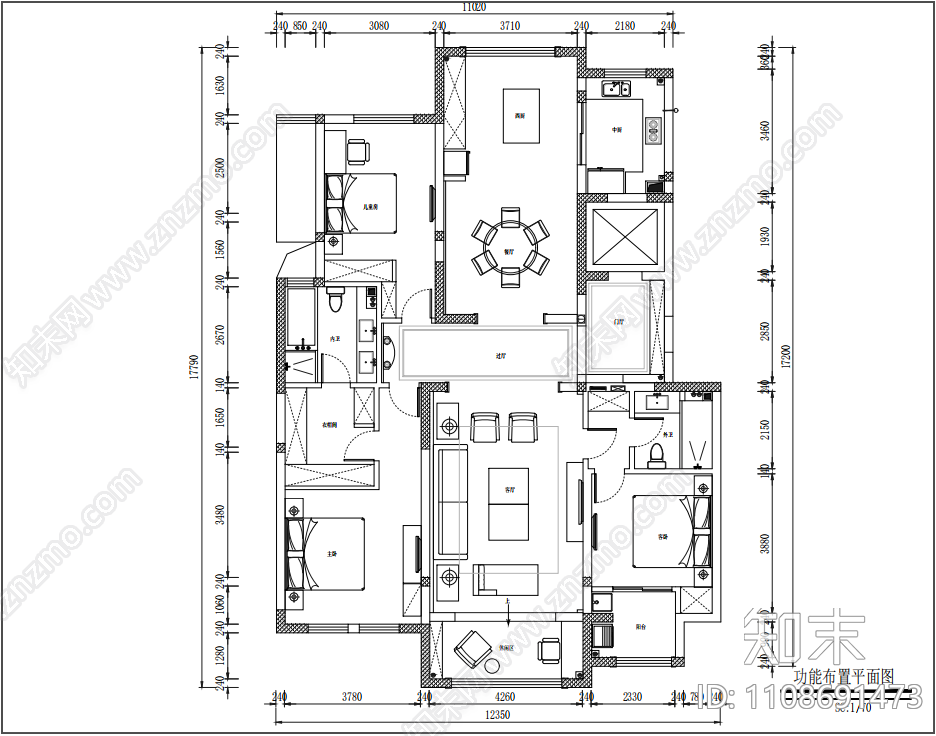 紫禁城小区180m²美式轻奢风格cad施工图下载【ID:1108691473】