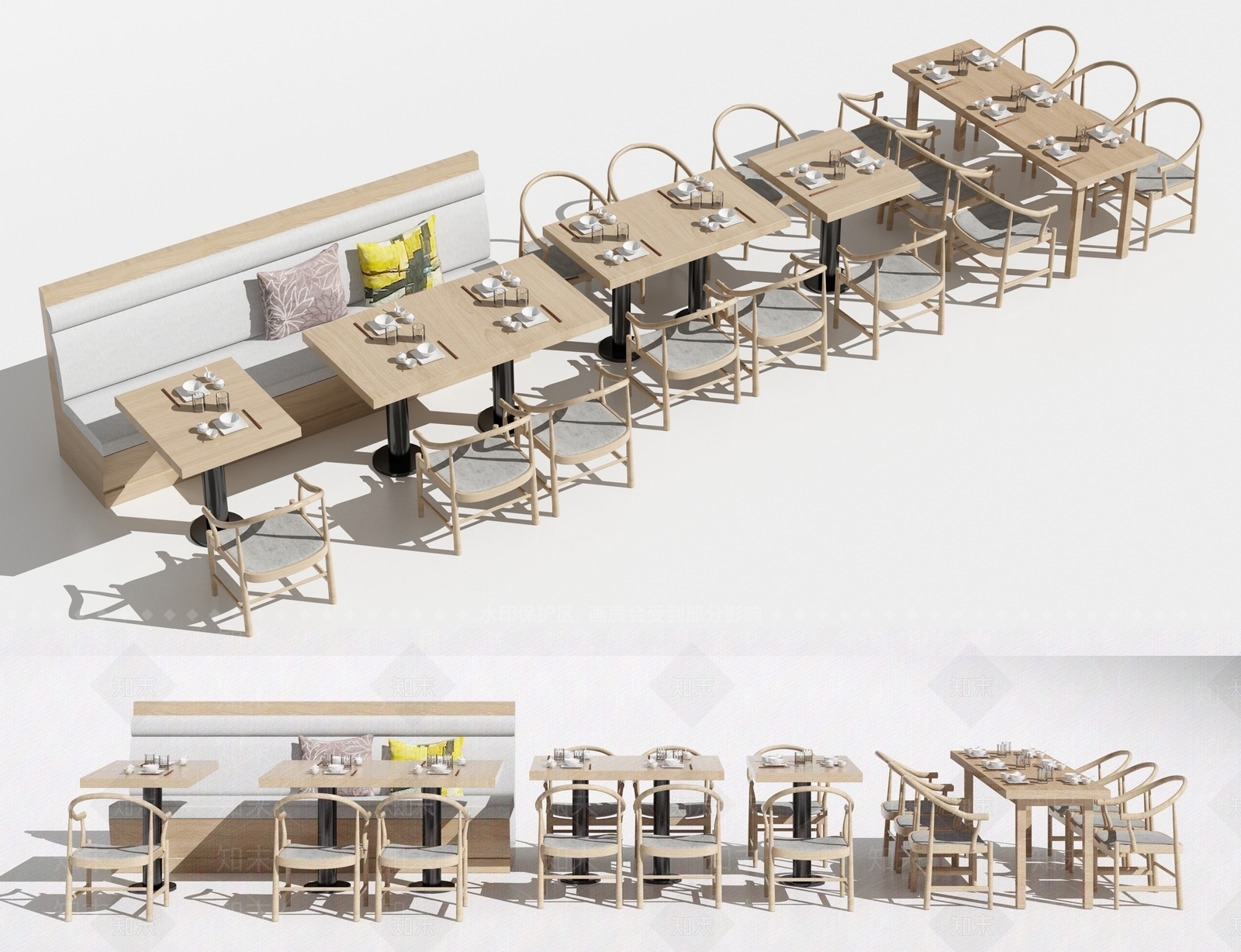 现代餐厅餐桌椅卡座组合3D模型下载【ID:1108749368】