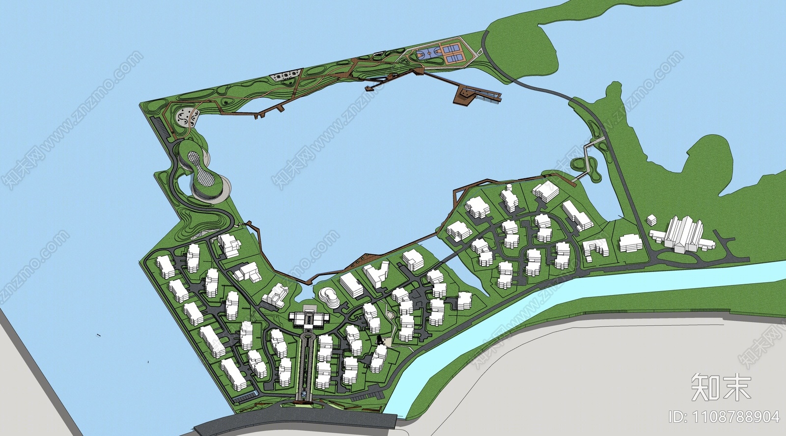 现代小镇滨水景观SU模型下载【ID:1108788904】