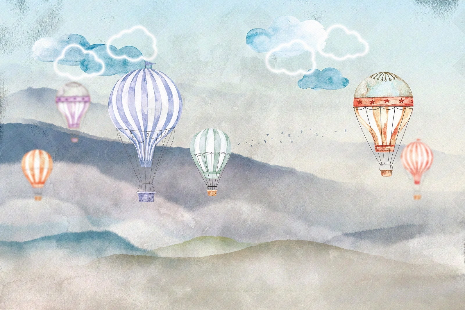 儿童天空热气球壁画贴图下载【ID:1108843991】