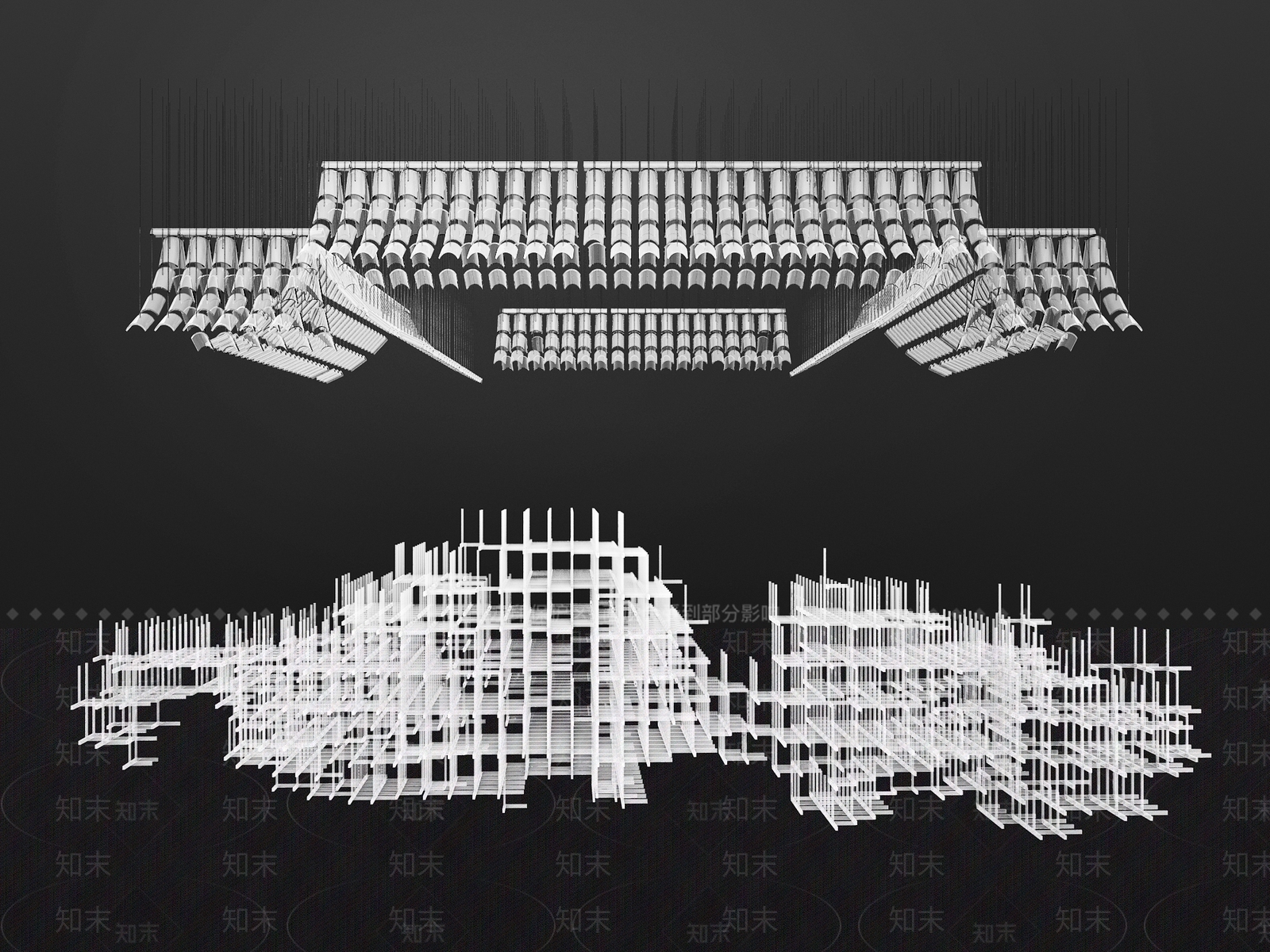 新中式屋檐瓦片大型吊灯3D模型下载【ID:1108847390】