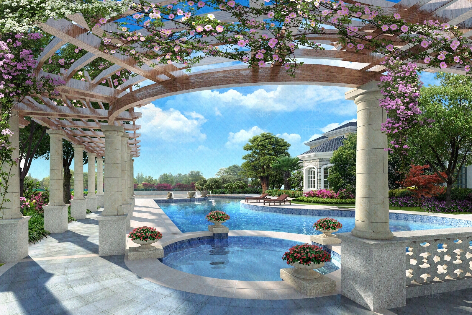 欧式别墅泳池外景贴图下载【ID:1108860268】