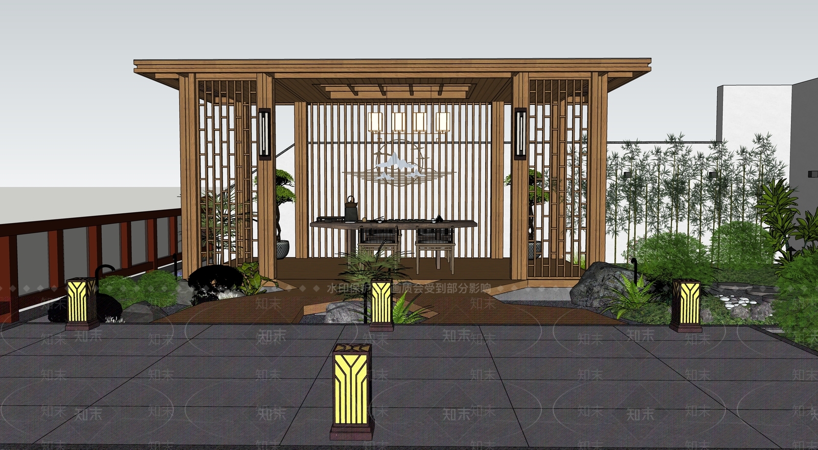 新中式屋顶花园SU模型下载【ID:1108890352】
