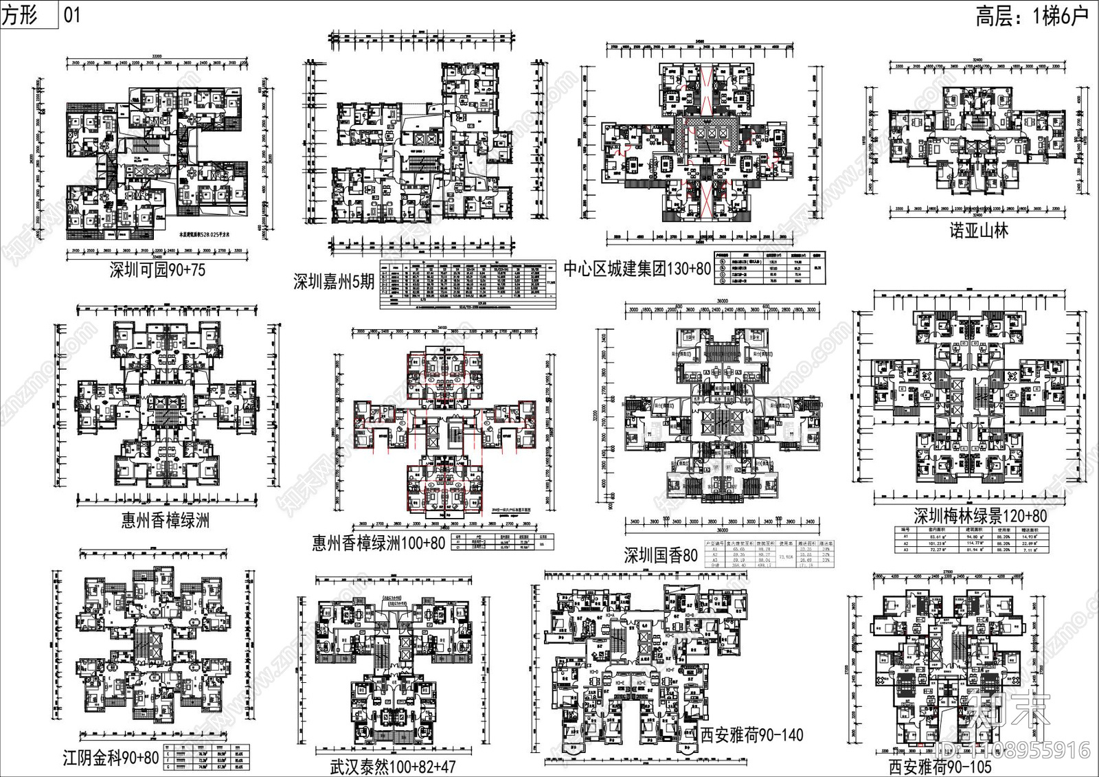 31个一梯六户住宅建筑户型平面图施工图下载【ID:1108955916】