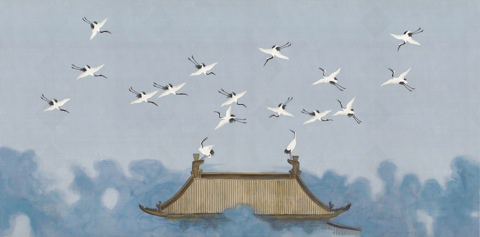 浅蓝新中式建筑壁画贴图下载【ID:1108983763】