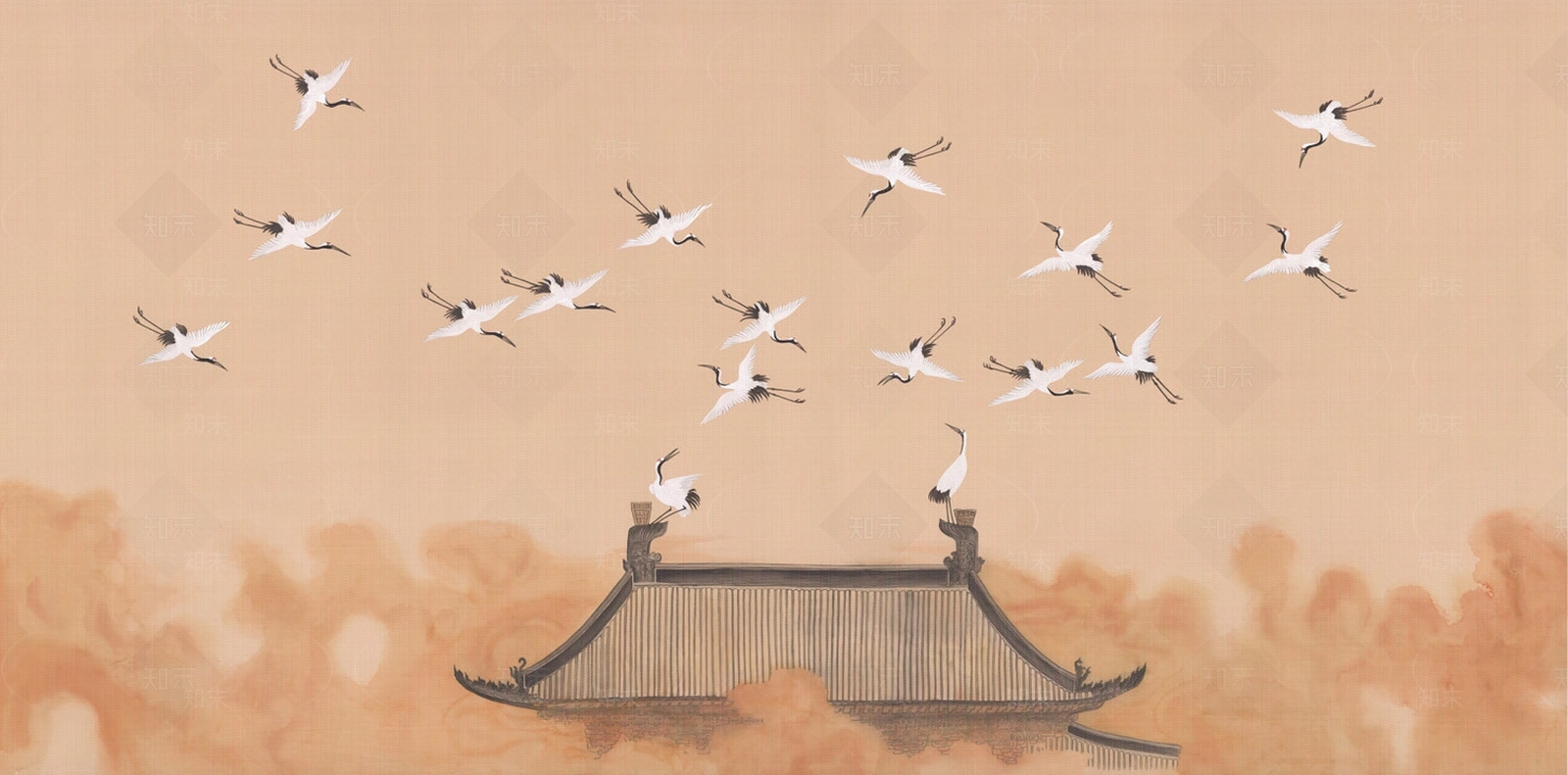 橙色新中式建筑壁画贴图下载【ID:1108983786】