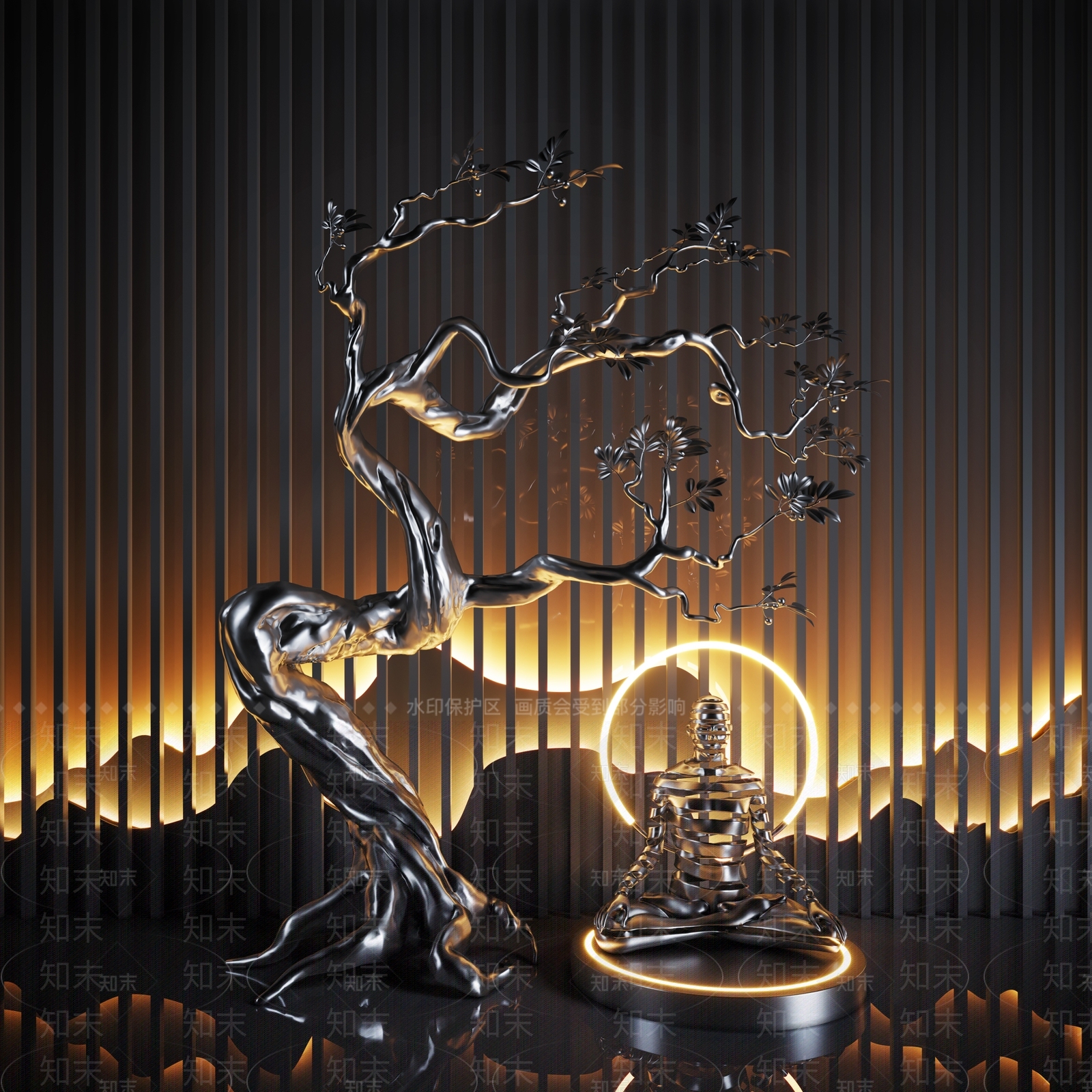 新中式禅意枯树雕塑摆件3D模型下载【ID:1109212278】