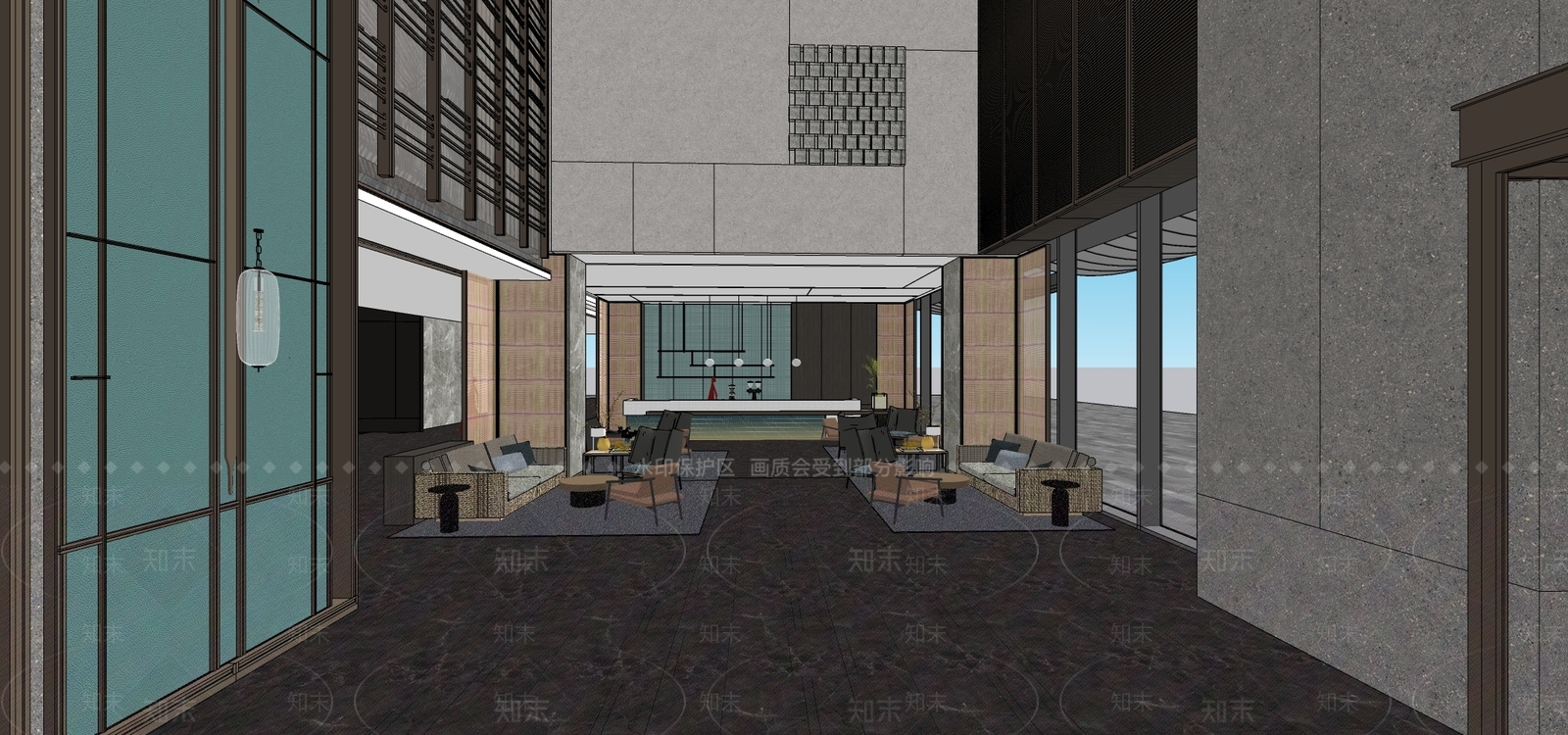 新中式酒店大堂SU模型下载【ID:1109374808】