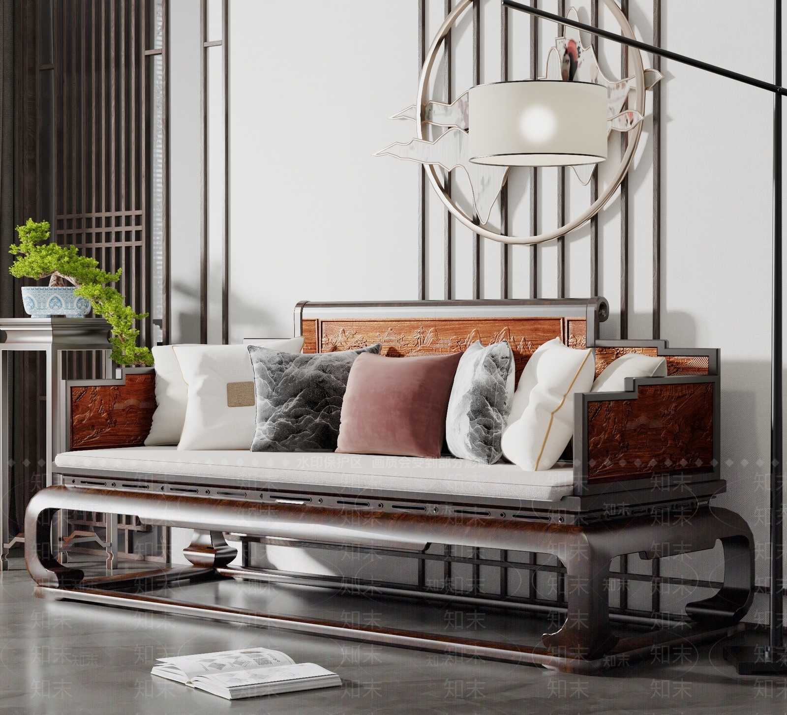 新中式实木雕花三人位沙发3D模型下载【ID:1109281961】