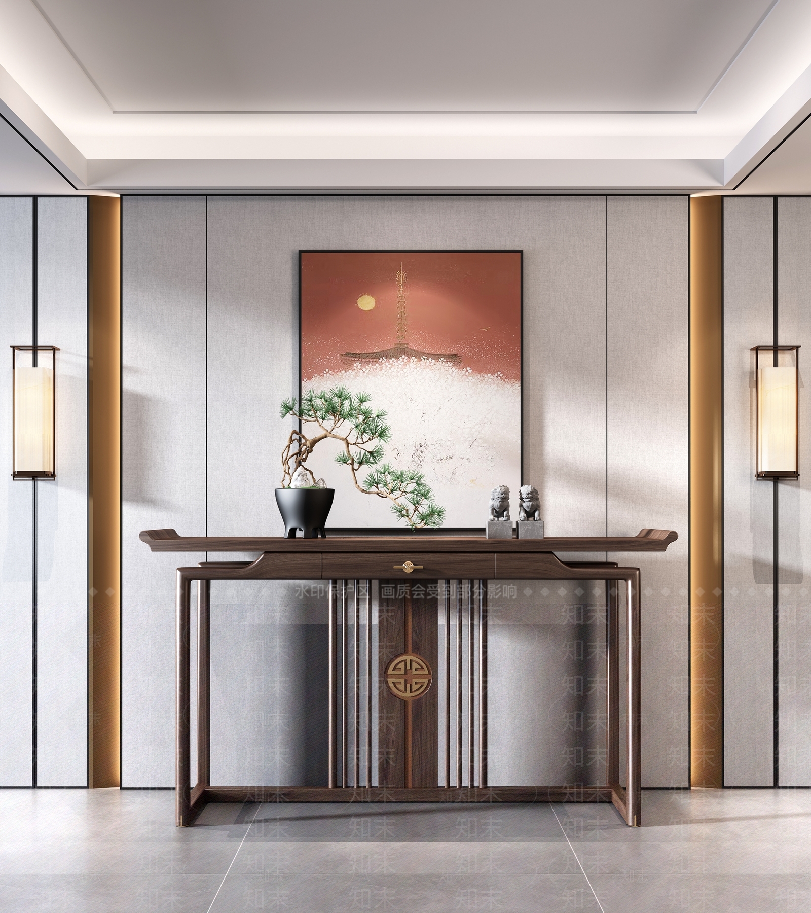 新中式端景条案SU模型下载【ID:1109361443】