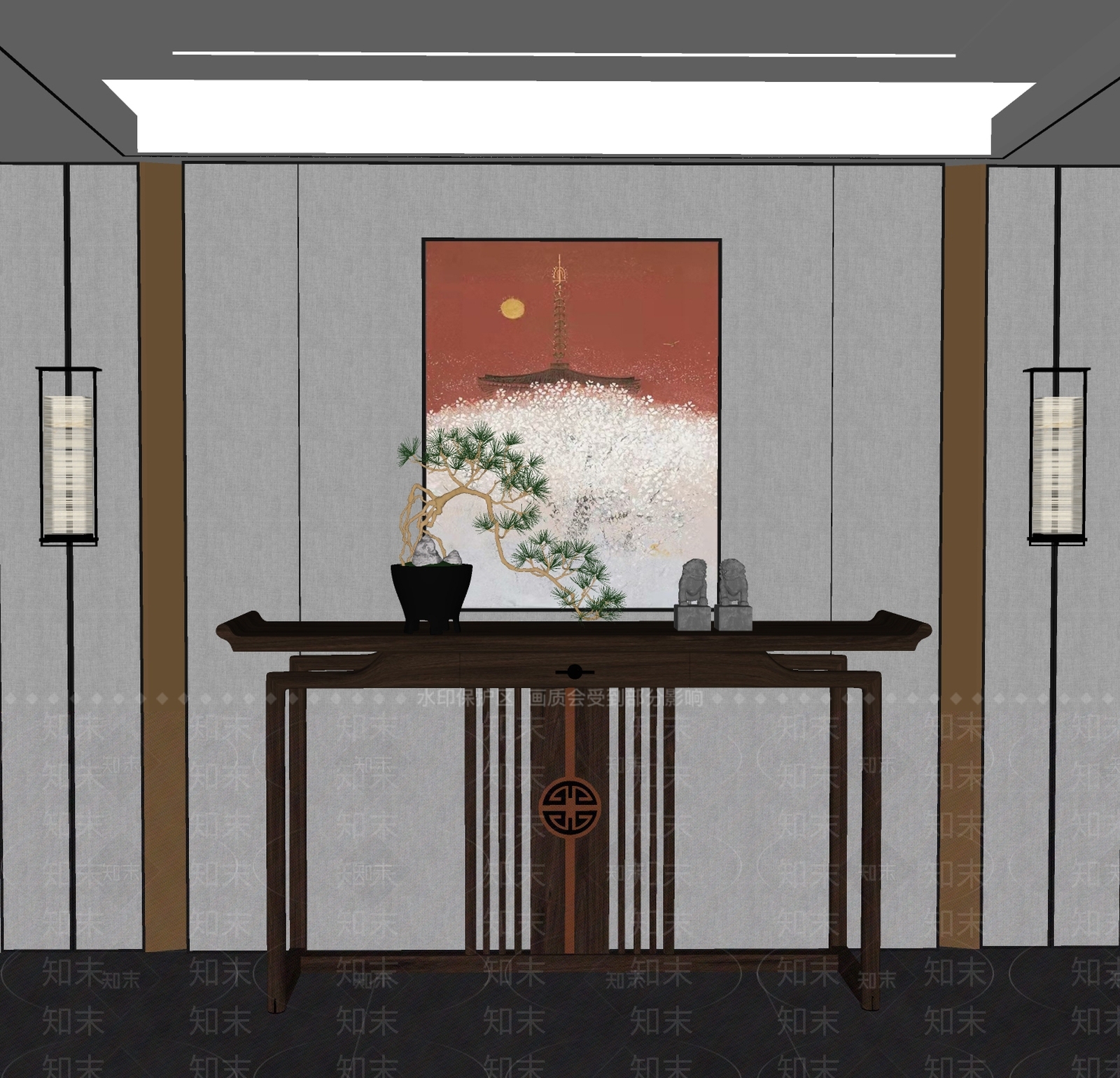 新中式端景条案SU模型下载【ID:1109361443】