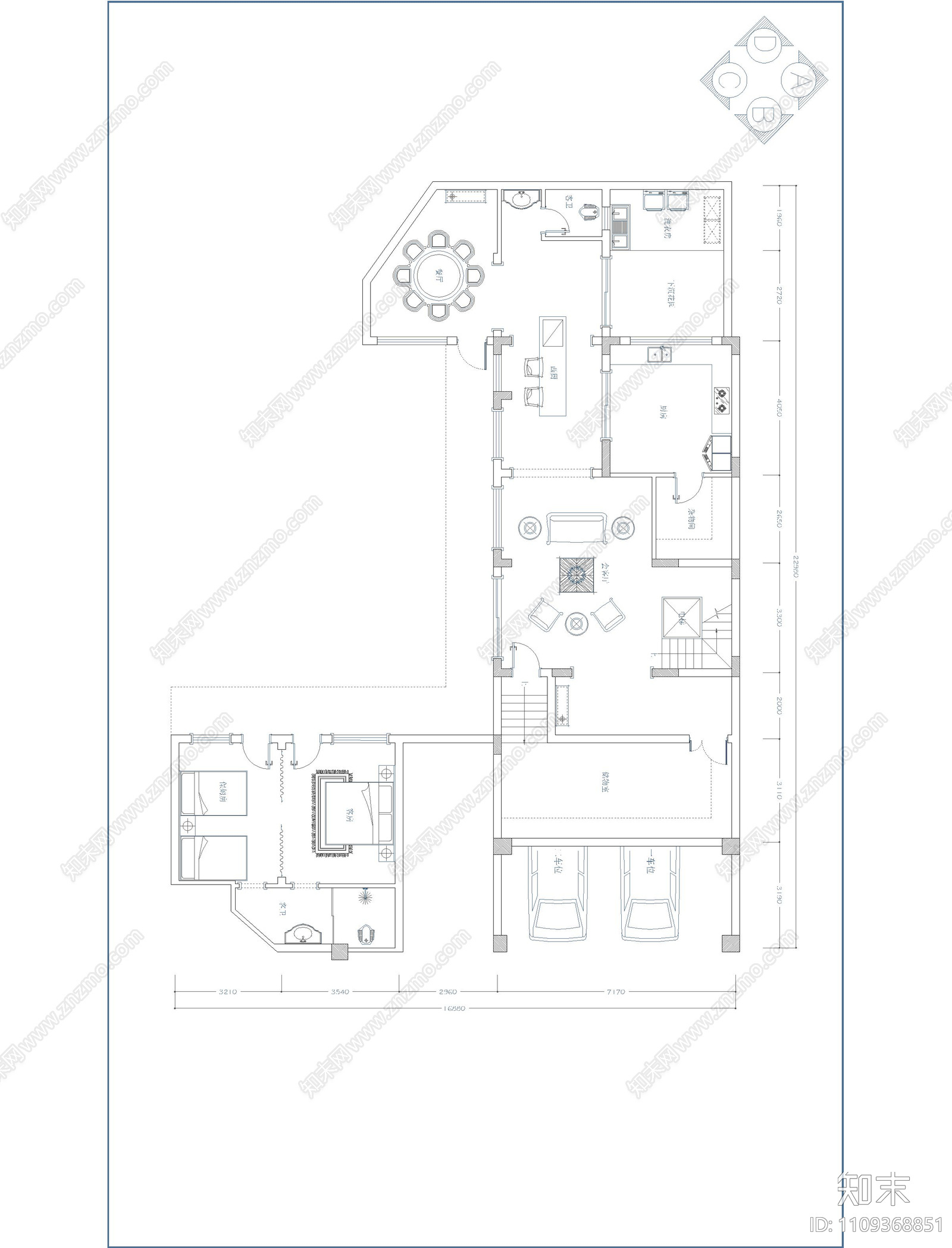 欧式简约别墅装修平面cad施工图下载【ID:1109368851】