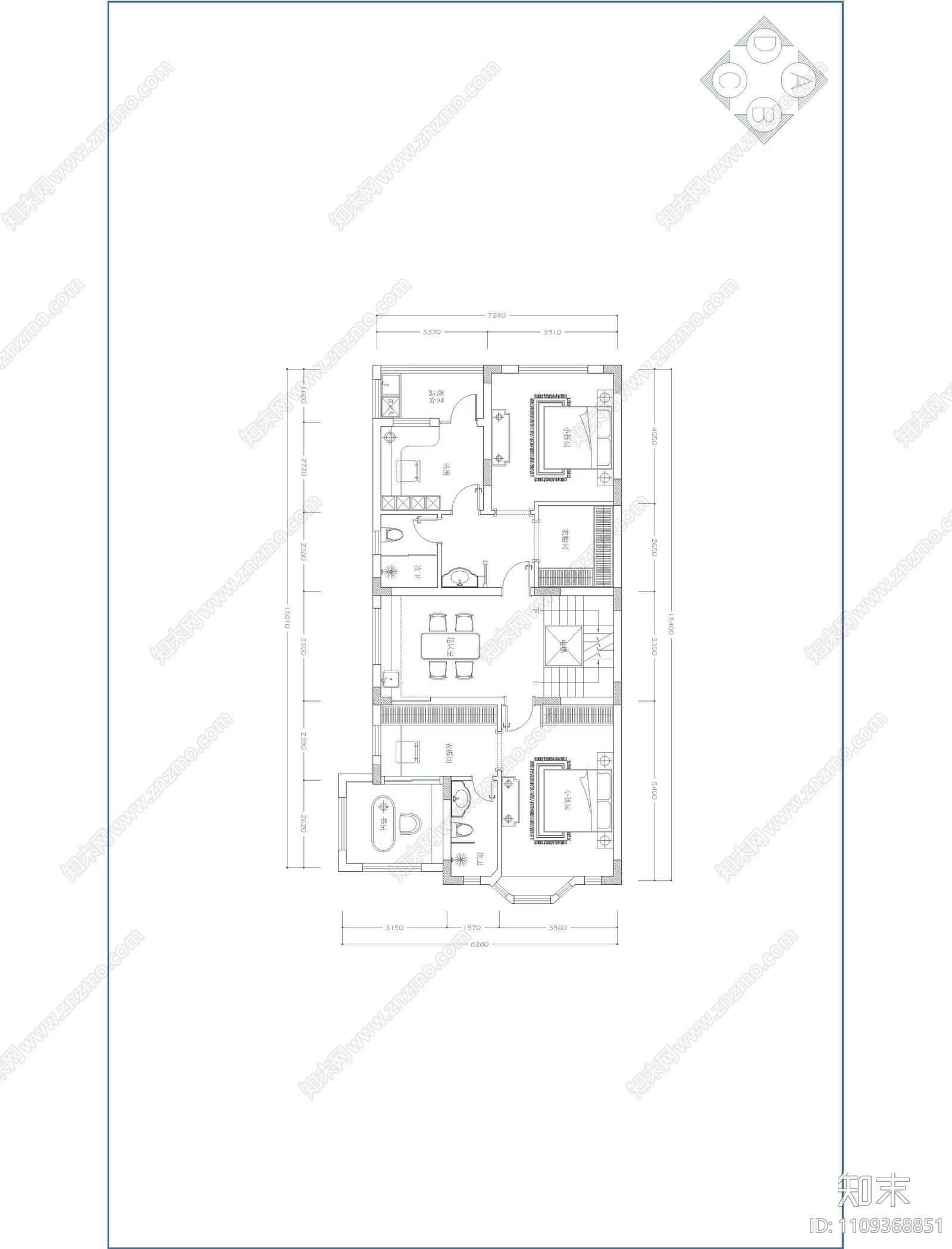 欧式简约别墅装修平面cad施工图下载【ID:1109368851】