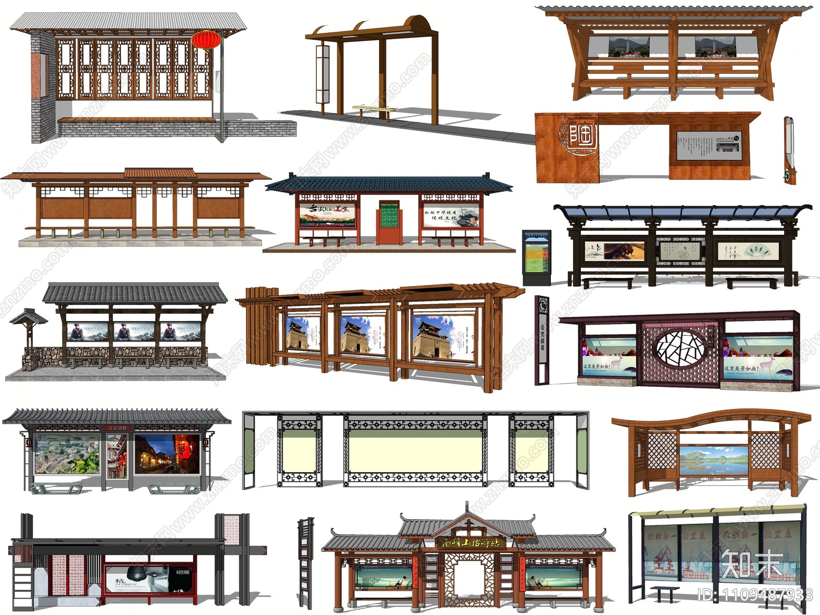 中式公交车站SU模型下载【ID:1109487933】
