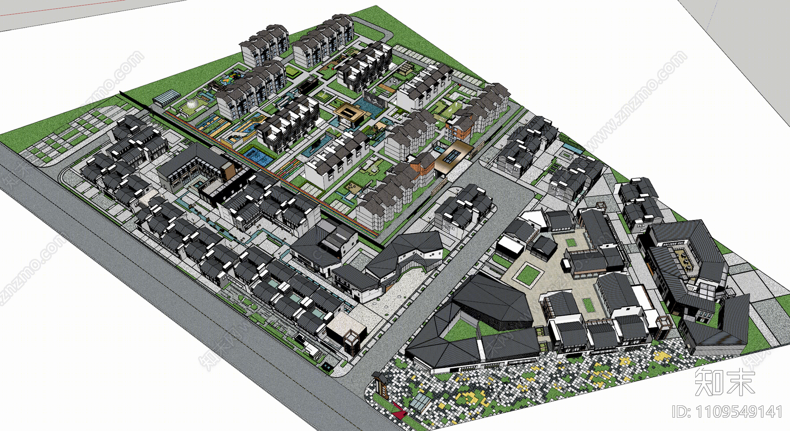 新中式小区建筑SU模型下载【ID:1109549141】