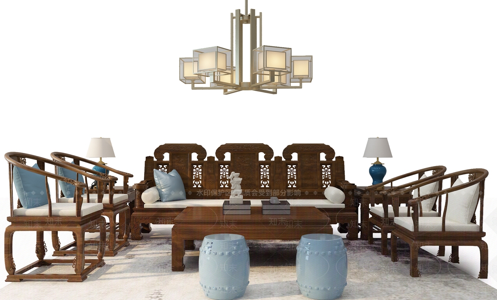 中式实木沙发茶几3D模型下载【ID:1109619330】