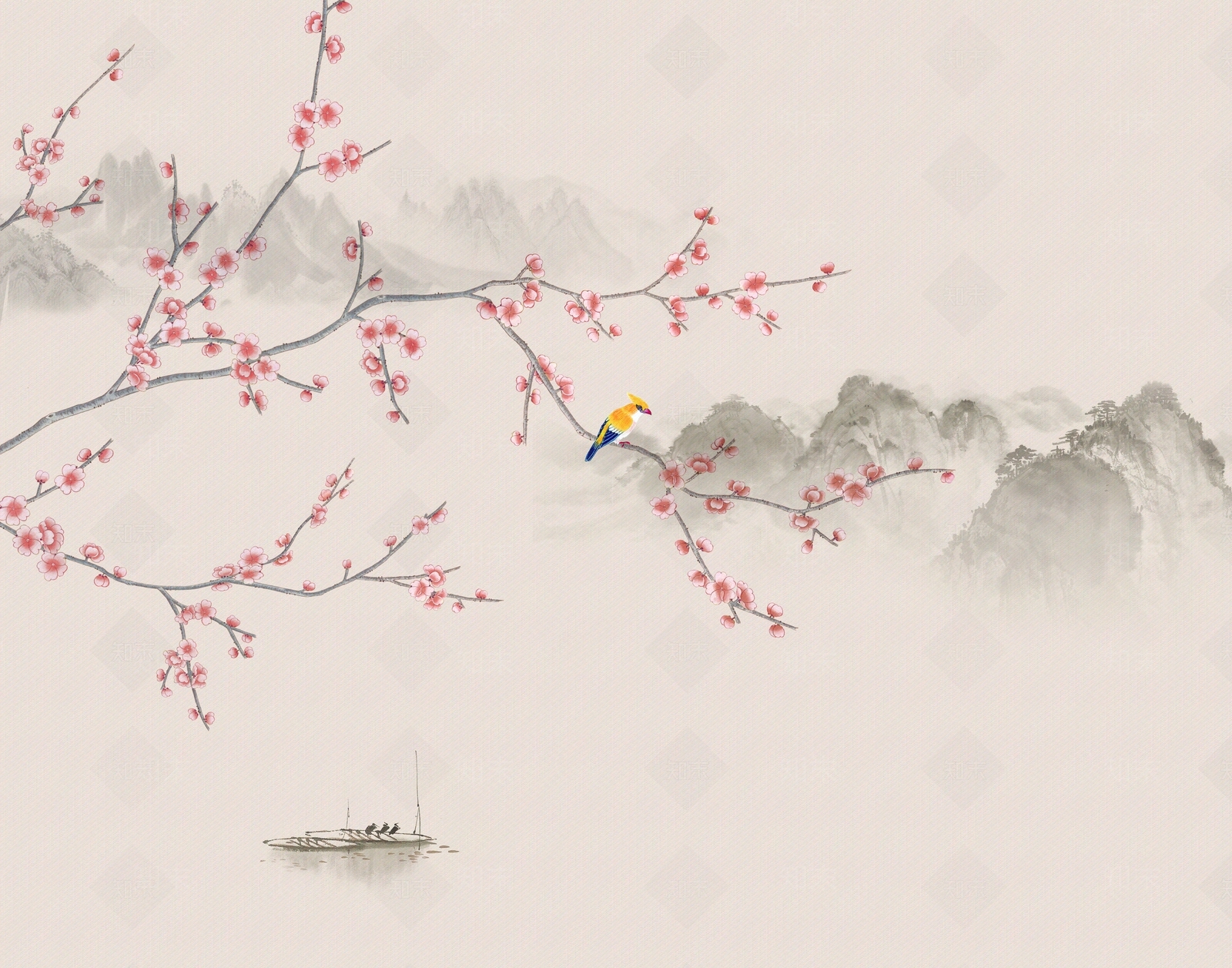 新中式手绘花鸟梅花喜上眉梢壁画贴图下载【ID:1109679096】