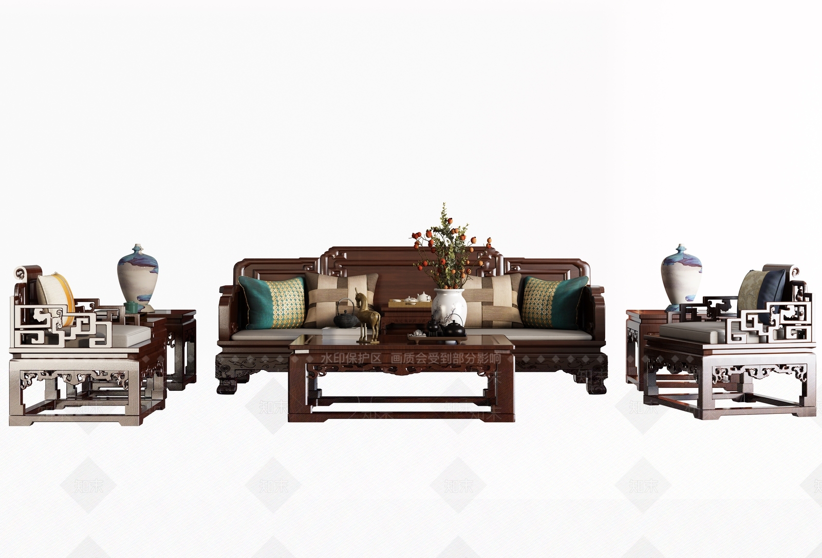 中式实木沙发茶几组合3D模型下载【ID:1109714327】