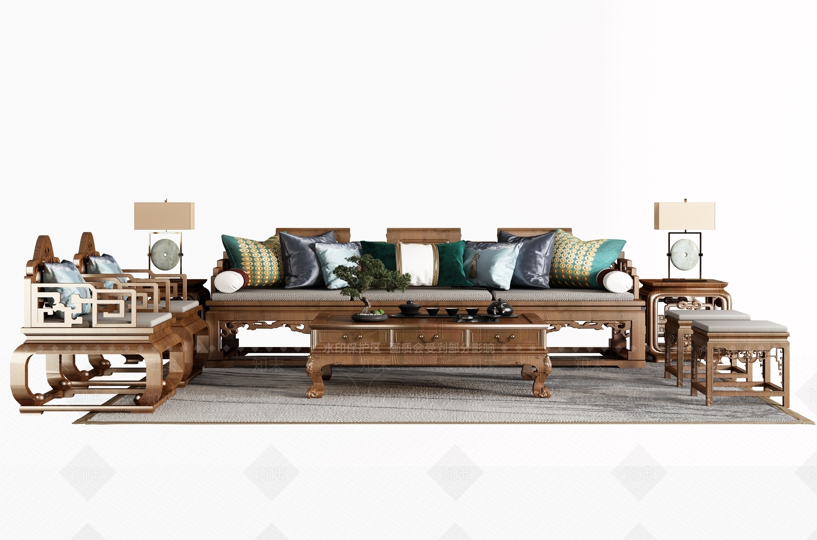 中式实木沙发茶几组合3D模型下载【ID:1109714638】