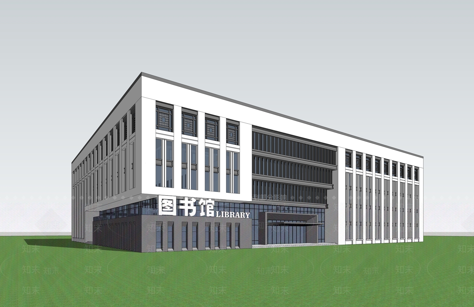 现代图书馆建筑SU模型下载【ID:1109758786】