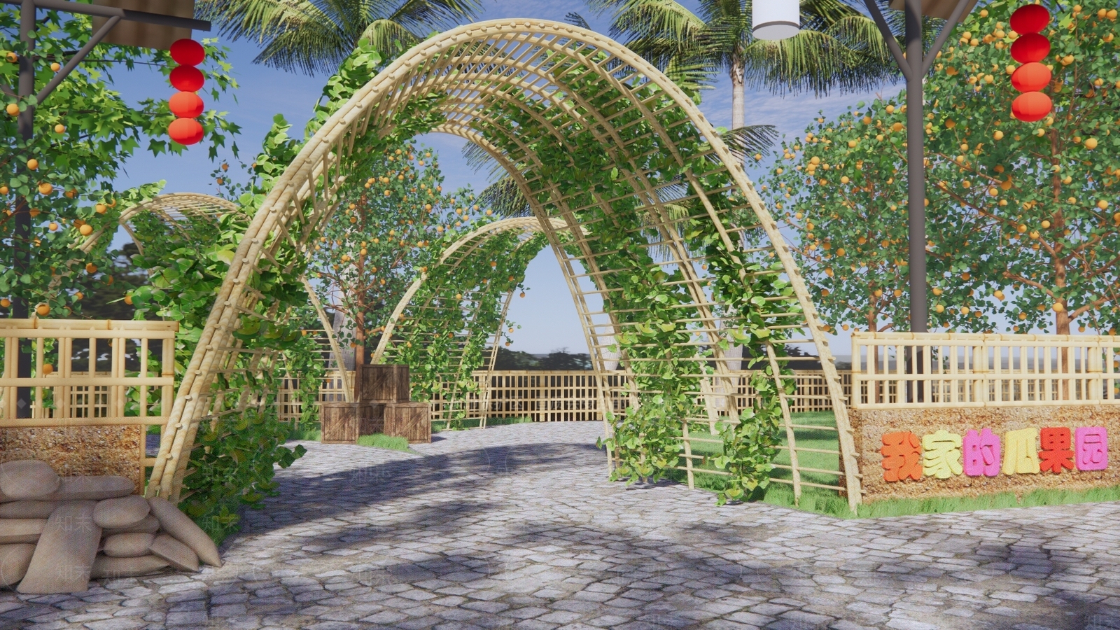 现代瓜果蔬菜廊架SU模型下载【ID:1109764485】