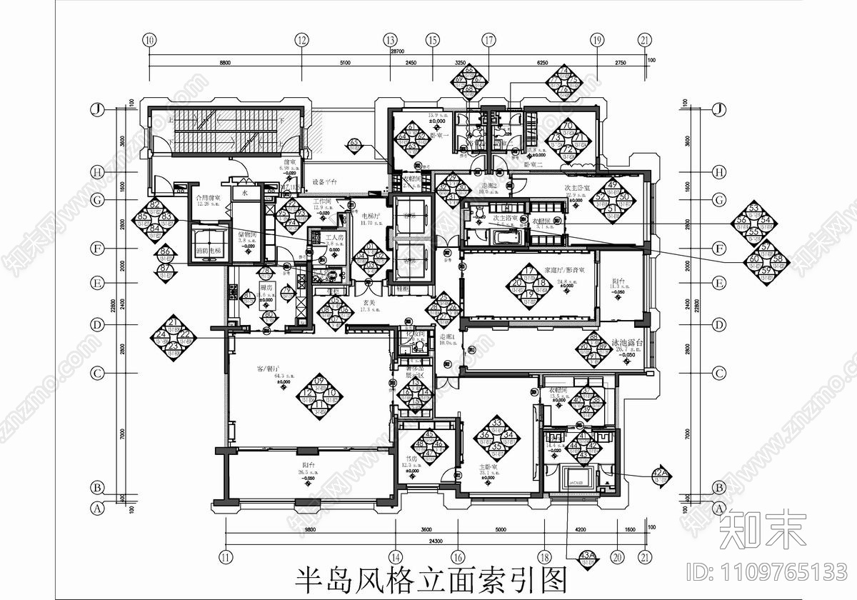 500㎡大平层样板房CAD施工图cad施工图下载【ID:1109765133】