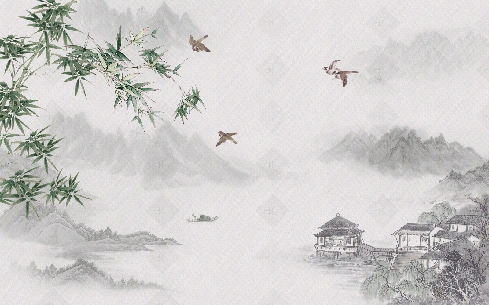 中式山水竹子壁画贴图下载【ID:1109801101】