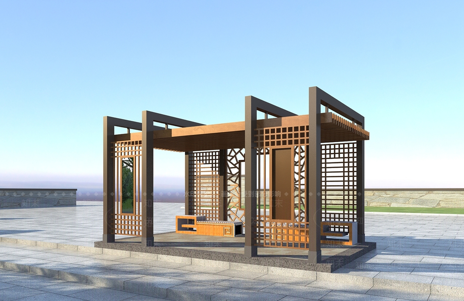 新中式廊架3D模型下载【ID:1109817007】