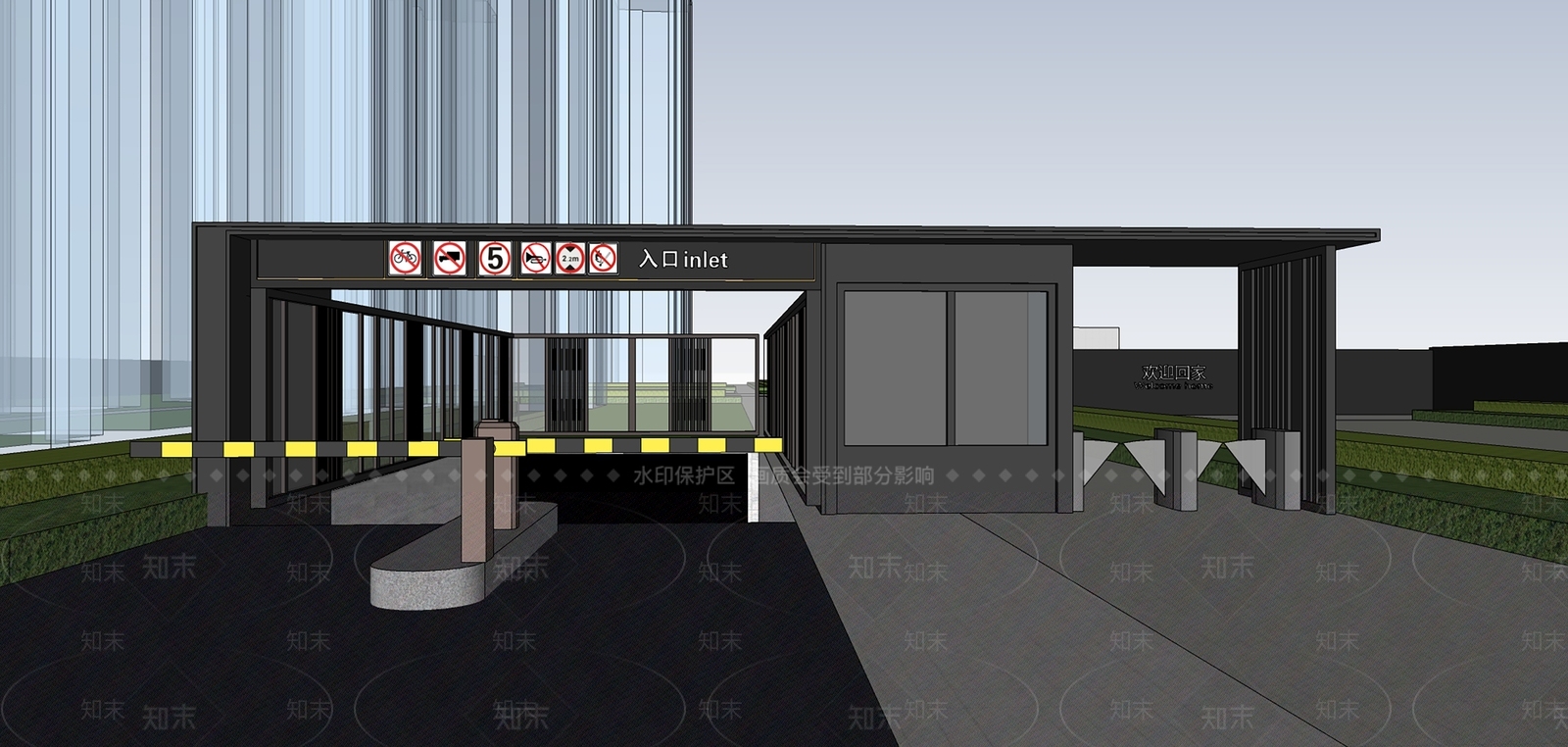 现代小区停车出入口大门su模型下载