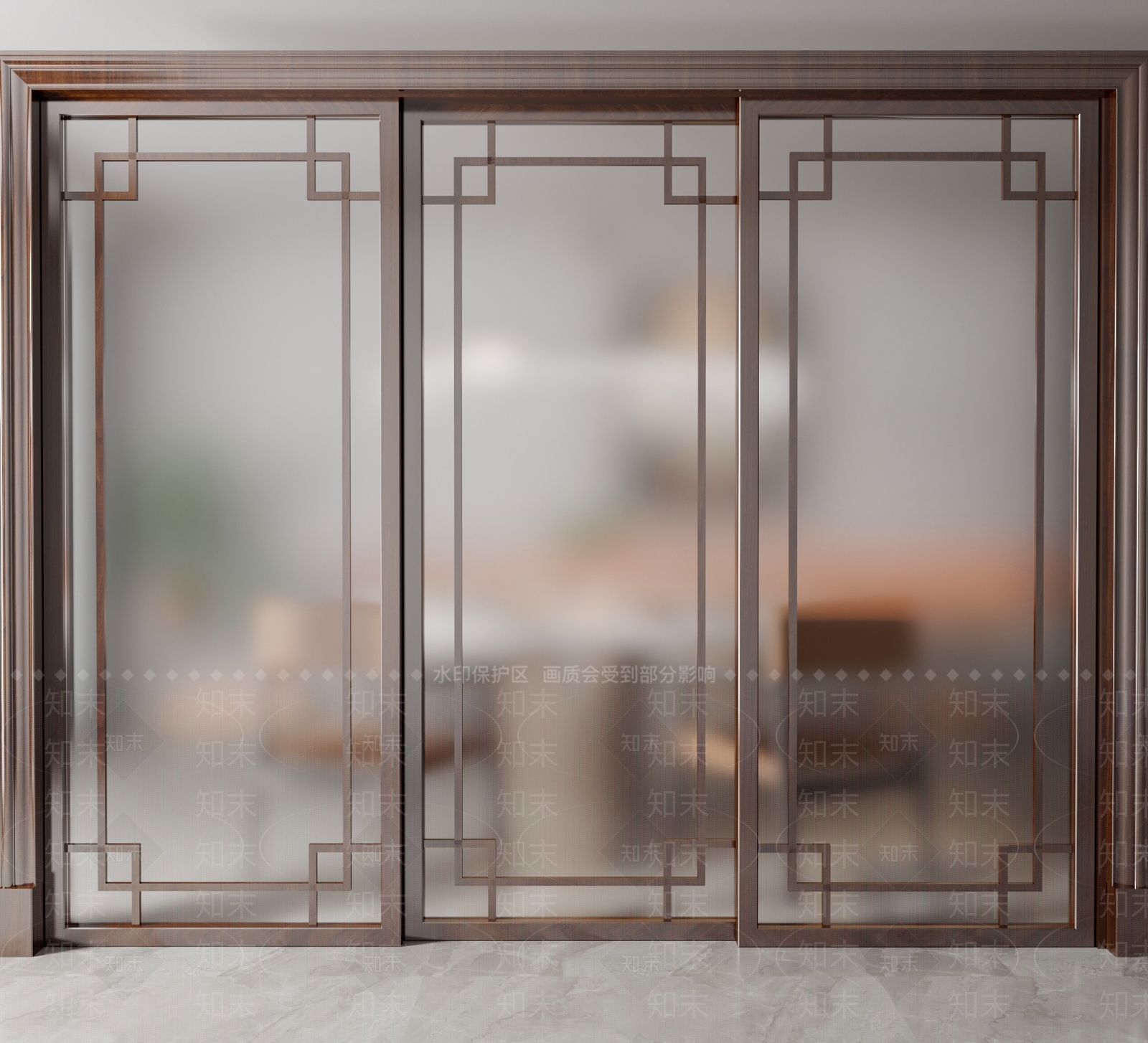 新中式磨砂玻璃推拉门SU模型下载【ID:1109876042】