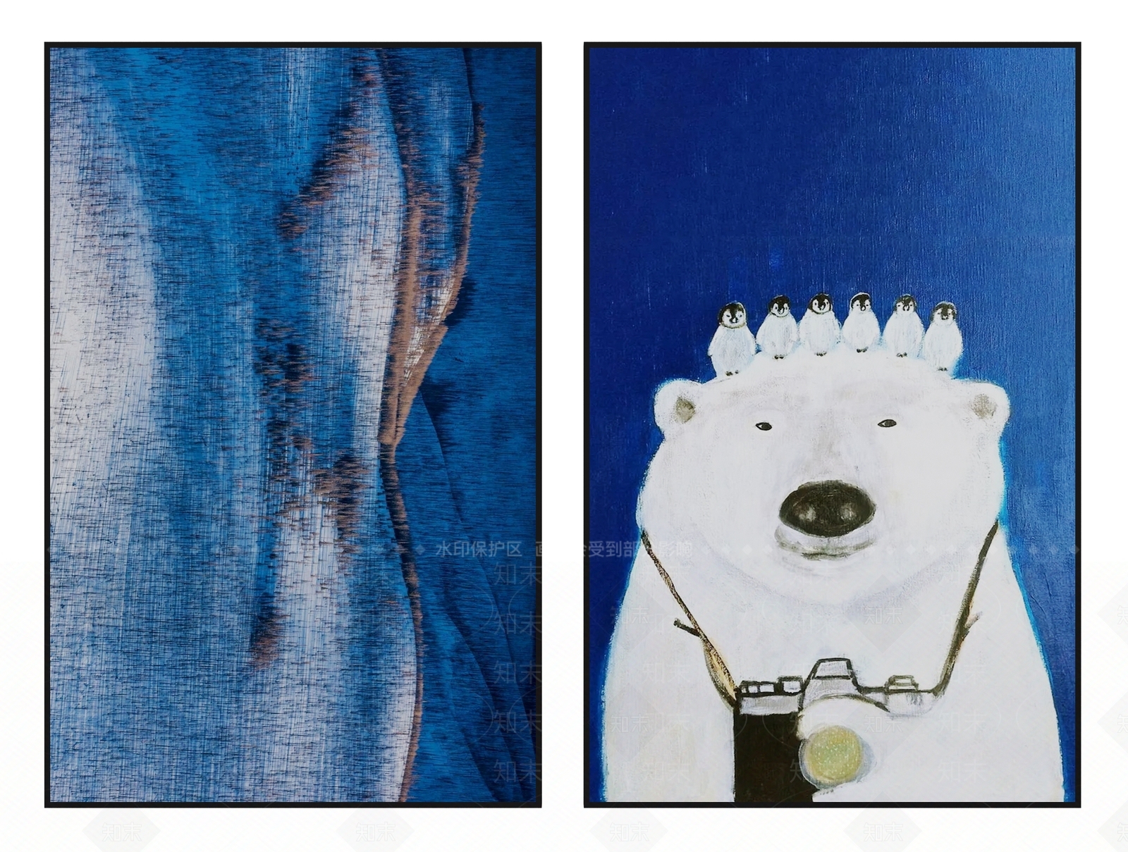 现代深蓝白色北极熊企鹅挂画组合3D模型下载【ID:1109888444】