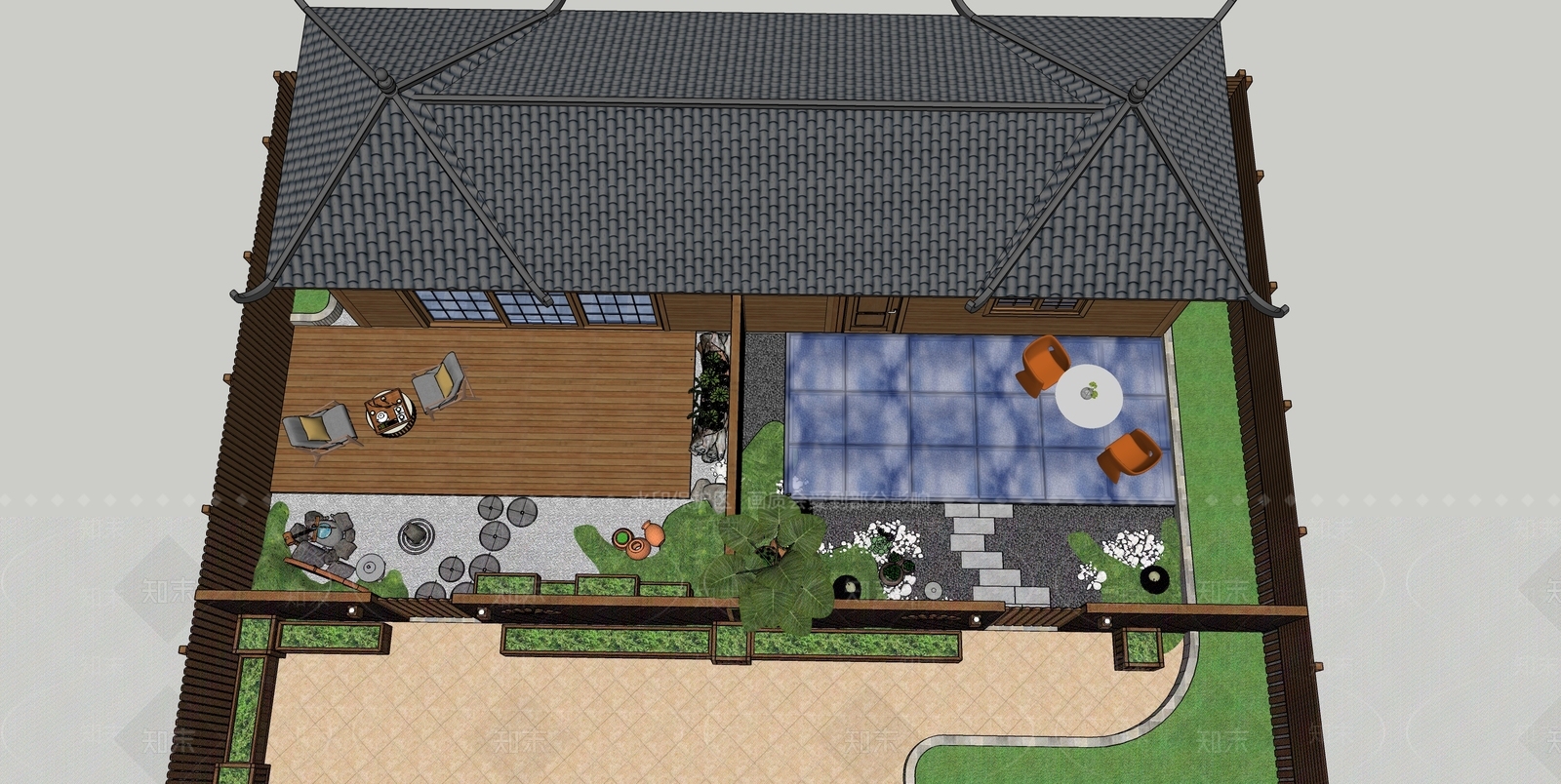 日式屋顶花园SU模型下载【ID:1109983368】