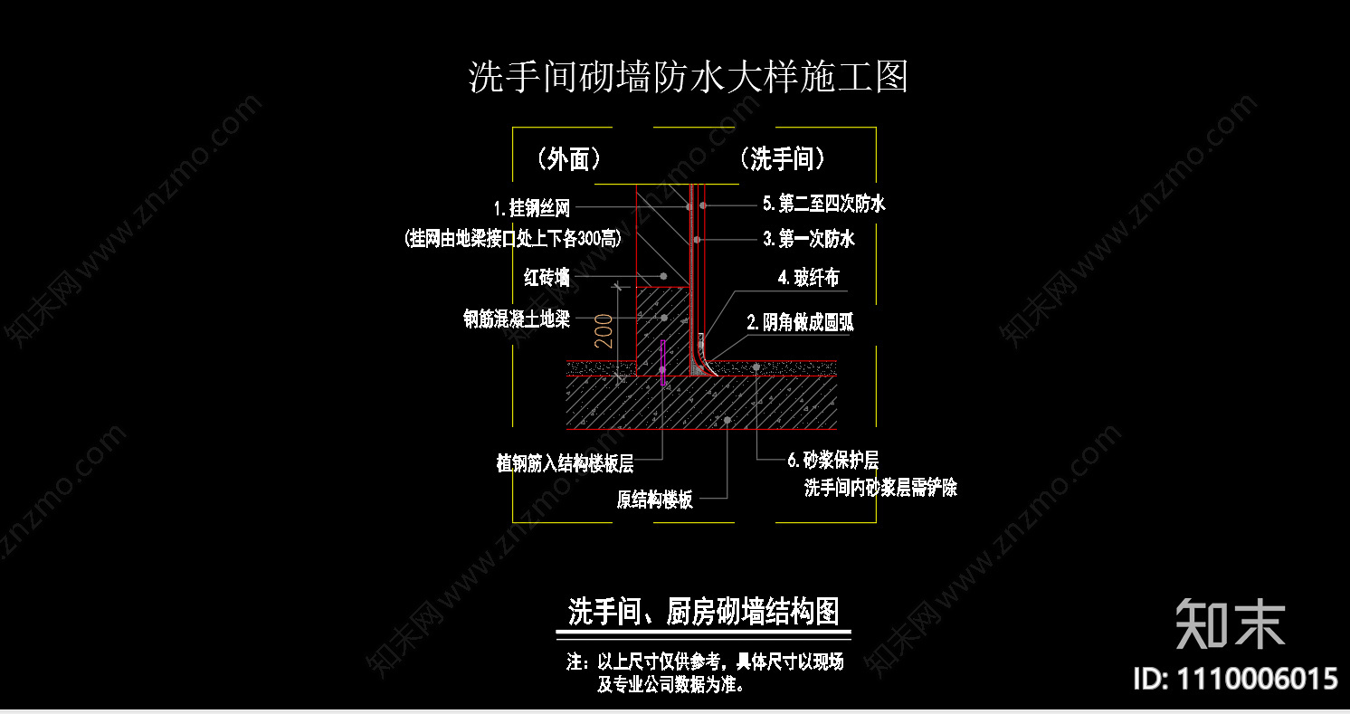 洗手间砌墙防水节点大样施工图下载【ID:1110006015】