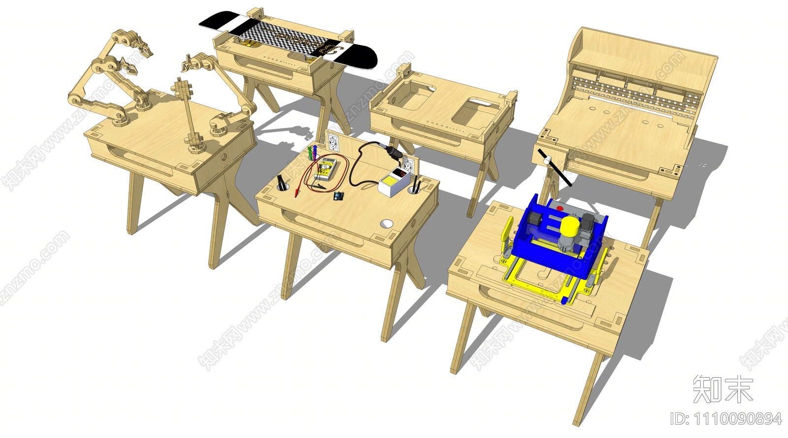 现代实木工作台SU模型下载【ID:1110090894】