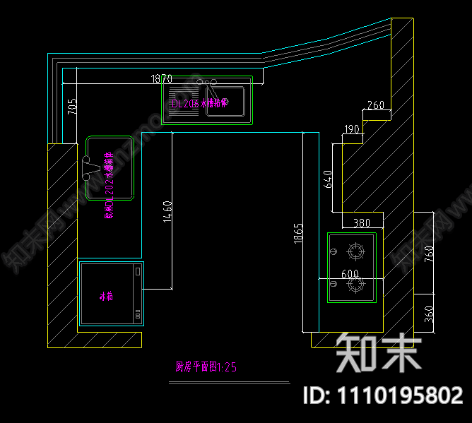 现代简约U型布局厨房橱柜落地设计cad施工图下载【ID:1110195802】