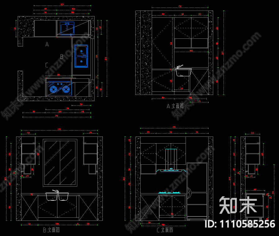 北欧别墅西厨中厨布局橱柜冰箱嵌入柜施工图施工图下载【ID:1110585256】