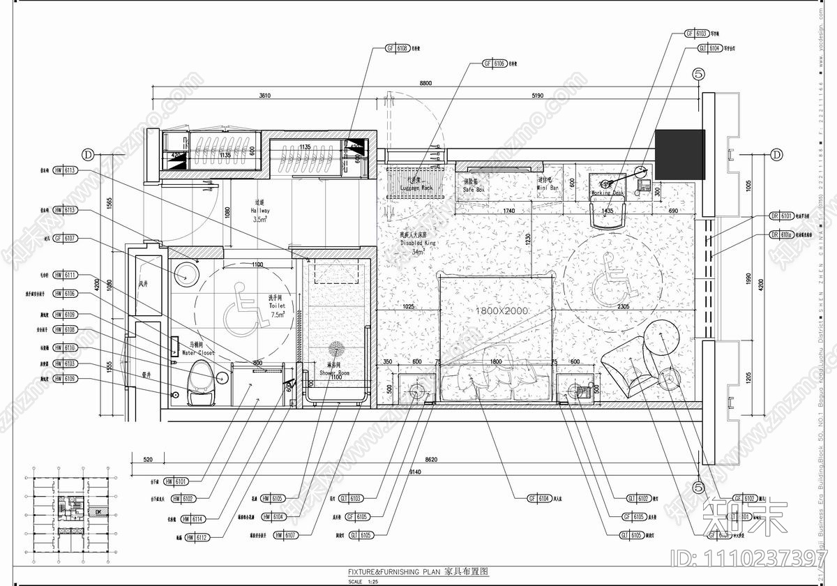 希尔顿酒店残疾人大床房CAD详细施工图施工图下载【ID:1110237397】