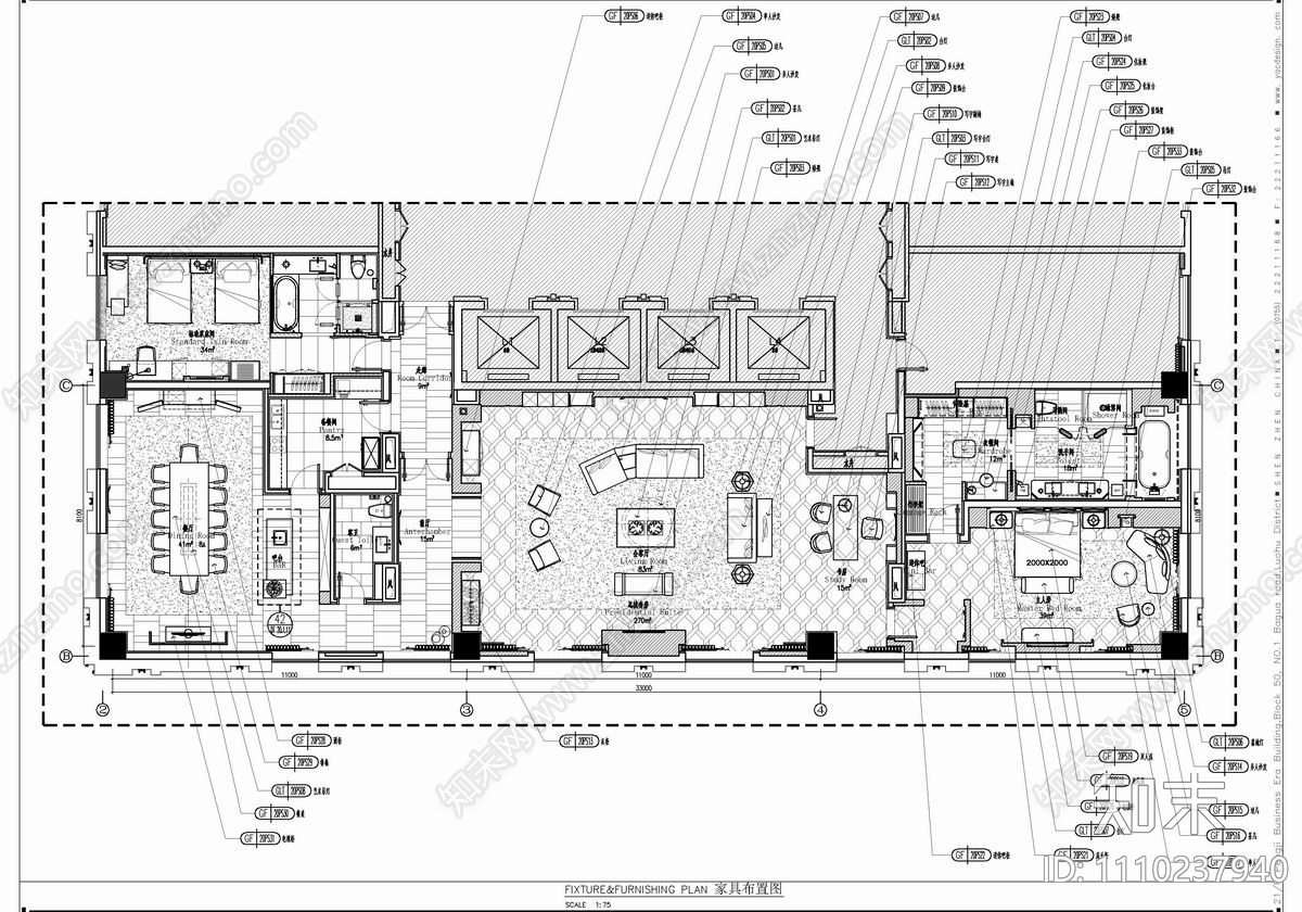 希爾頓酒店350㎡總統套房cad施工詳圖施工圖下載