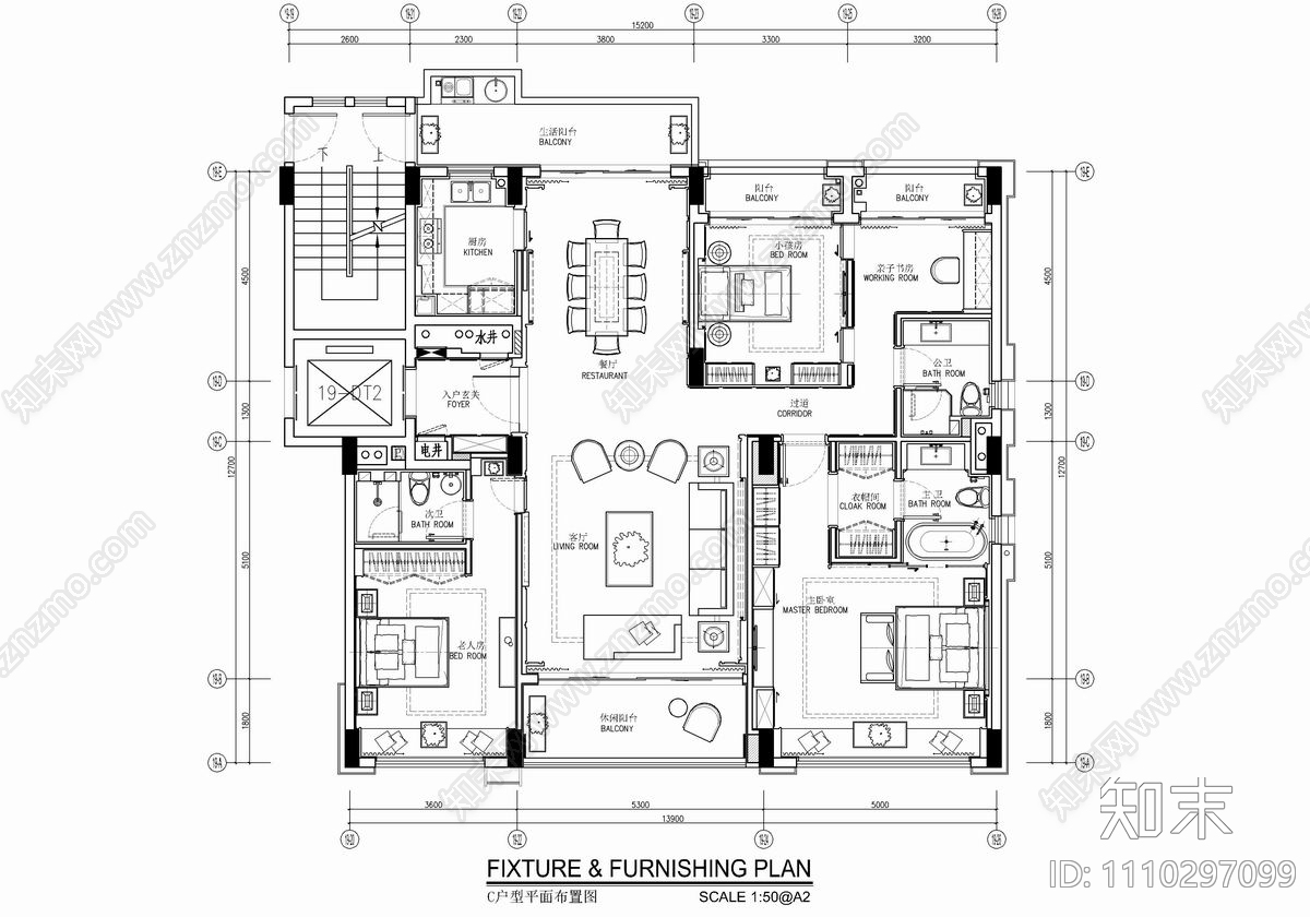 160㎡大平层私宅CAD施工图cad施工图下载【ID:1110297099】