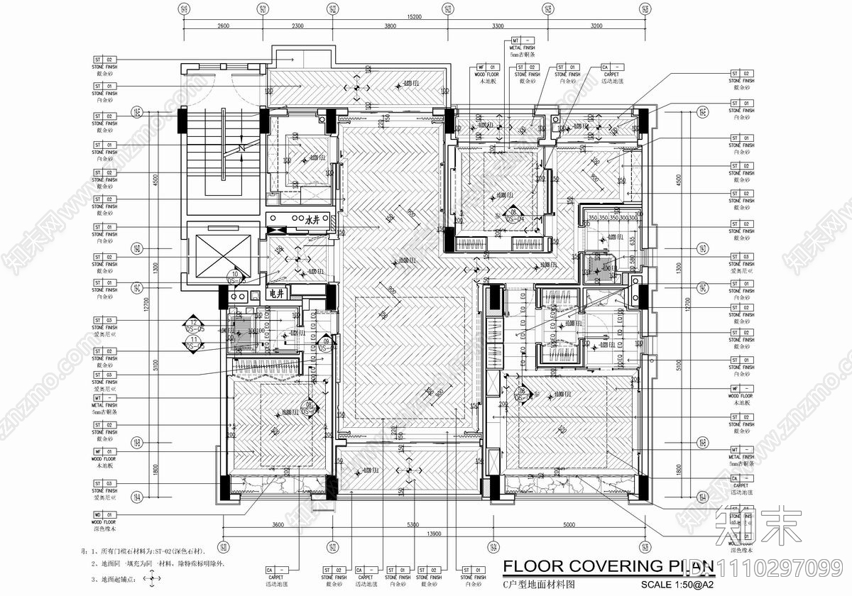 160㎡大平层私宅CAD施工图cad施工图下载【ID:1110297099】