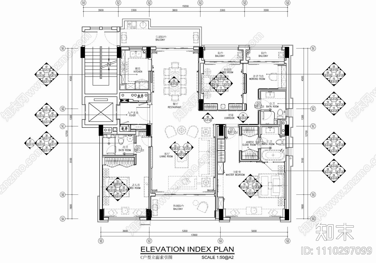 160㎡大平层私宅CAD施工图cad施工图下载【ID:1110297099】