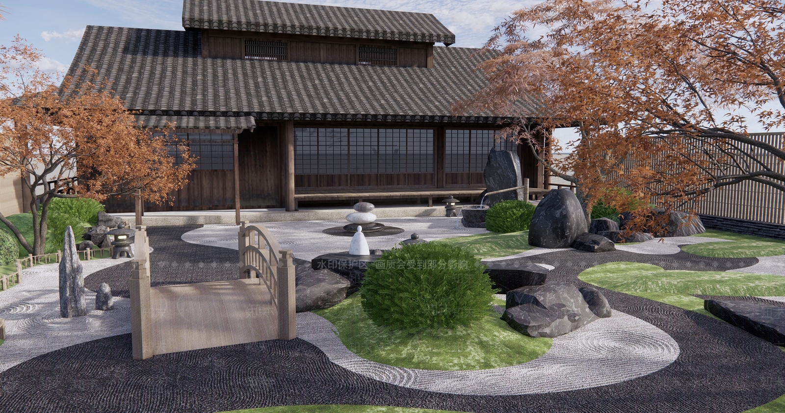 日式枯山水庭院景观SU模型下载【ID:1110349481】