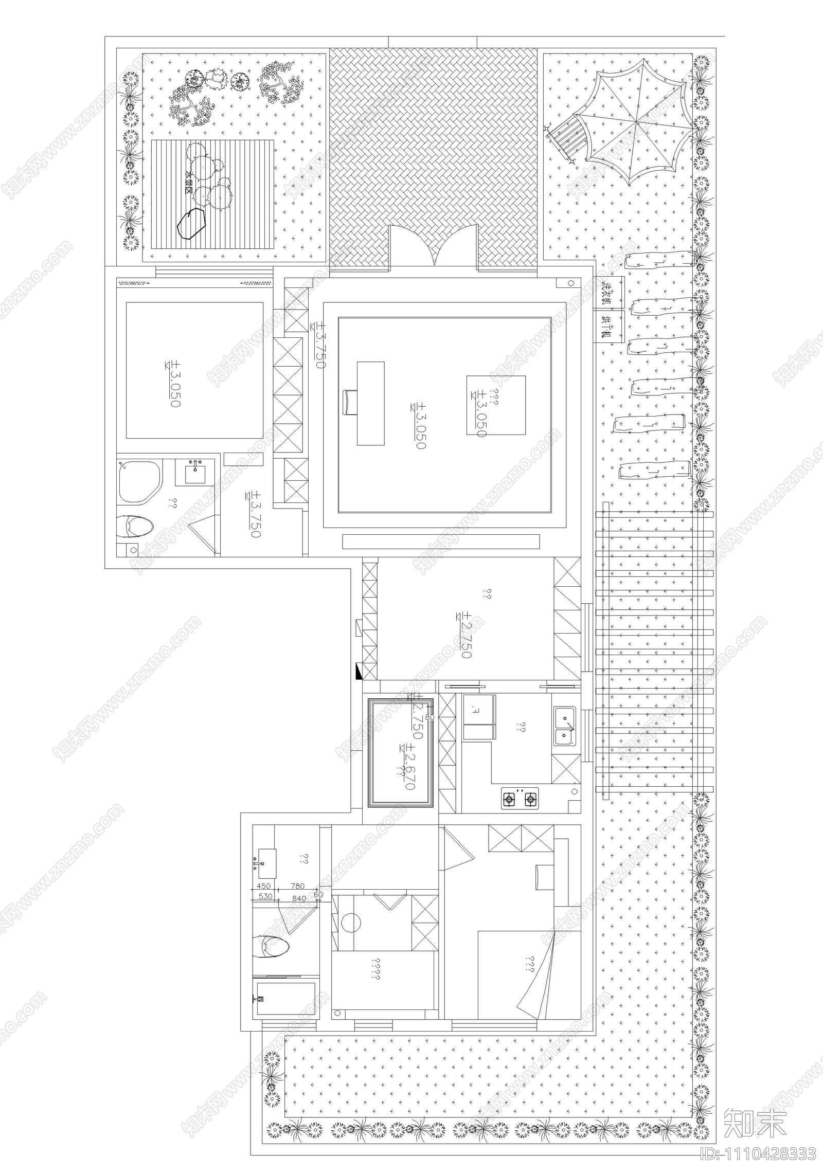 塘溪津门新中式150平米两室两厅cad施工图下载【ID:1110428333】