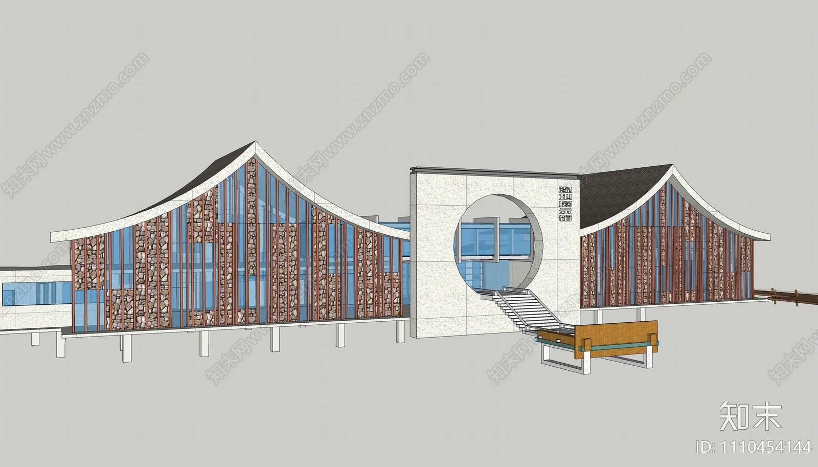 新中式游客中心SU模型下载【ID:1110454144】